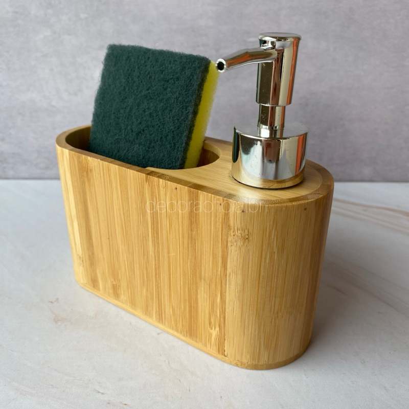 Dispenser Porta Detergente E Esponja Com Valvula Bambu Kit Pia Cozinha