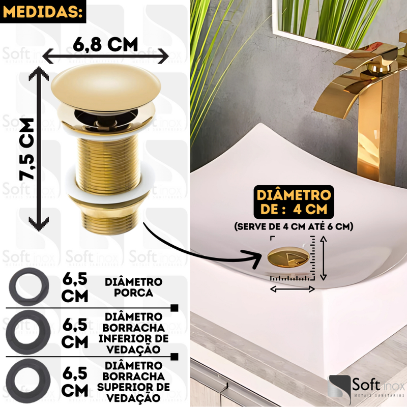 Válvula Click De Inox P/ Cuba Pia de Banheiro Lavatório Dourada Gold de 4cm