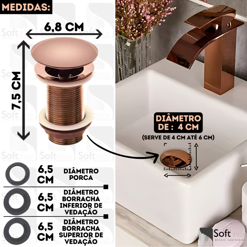 Válvula Click De Inox P/ Cuba Pia de Banheiro Lavatório Rose Gold de 4cm