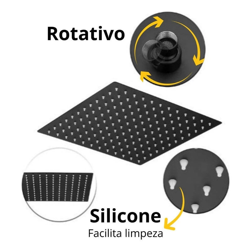 Kit Ducha Chuveiro 20×20cm Inox 304 Com Acabamentos Registros Preto/Cromado Para Chuveiro Banheiro