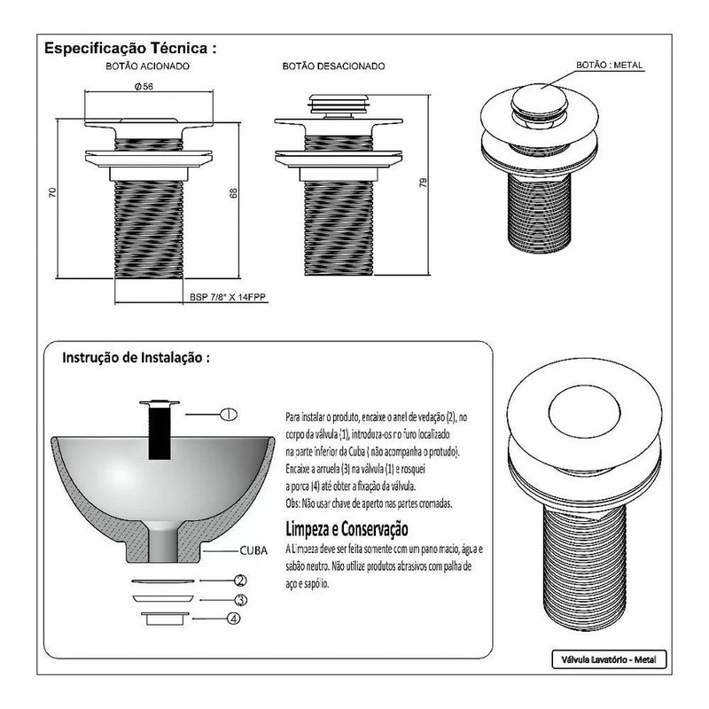 Válvula Click Up Inteligente Pia Cuba 7/8 Lavatório Banheiro E311 Preta